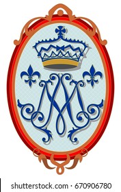 Medallion with the M monogram, a crown and ornaments of fleur-de-lis 