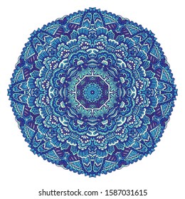 Medallion mandala vector blue and white pattern with arabesques and floral elements. Blue winter rosette.