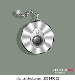 Medallion, medal and chain. Metal. Green background. Shadow. icon smartphone camera and flash, vector illustration, EPS 10