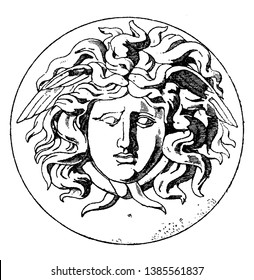 Medallion Medusa Head is a French design, vintage line drawing or engraving illustration.