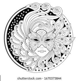 Medallion with portrait of fairy in carnival mask. Fantasy drawing of beautiful girl. Black and white page for coloring book. Modern print for fashion, embroidery, decoration. Hand-drawn vector image