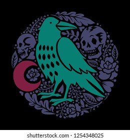 Medallion with a raven, moon, skulls and roses. Great for print on t-shirt. Great for Halloween greeting cards, for printing on t-shirts, for tattoos and more.