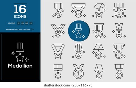 Medallion set of outline icons related to analysis, infographic, analytics. Editable stroke. Vector illustration.
