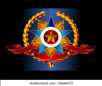 medallion style emblem with stars, wreath and banner