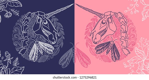 Medallion with a unicorn and a moth. Unicorn skull and Dead head moth. Hand drawn illustration. Happy Halloween!