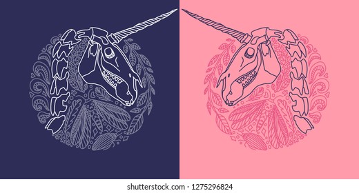 Medallion with a unicorn and a moth. Unicorn skull and Dead head moth. Hand drawn illustration for Halloween. Great for tattoos, prints on t-shirt and more.