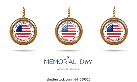 Medallions set on the chain with the US flag inside for Memorial Day. Remember and Honor. Vector illustration