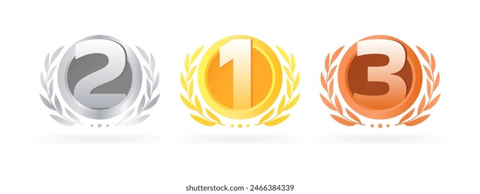 Medals 1, 2, 3 place Icon Set. Silver, Gold and Bronze Medal. Flat Style. Vector icons