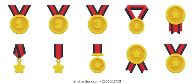 Medals 3d vector icon set. Medal, prize, winner, award, coin, ribbon, star, badge. Isolated on white background. 3d icon vector render illustration.