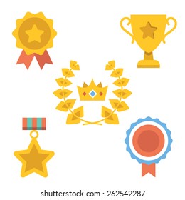 Medals, awards and achievements icons set. Vector illustration. Isolated on white background.