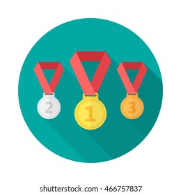 Medals circle icon with long shadow. Flat design style. Medal set simple silhouette. Modern, minimalist, round icon in stylish colors. Web site page and mobile app design vector element.