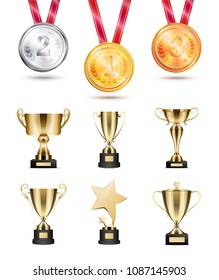 Medals for competition, golden cups and awards. Shiny rewards on tournament. Trophies collection great achievements isolated vector illustration