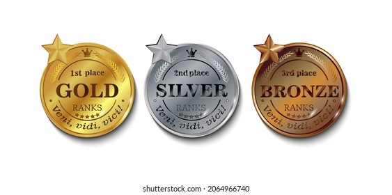 Medals of different rankings with inscriptions 1,2,3 place, and Caesar's phrase "Veni, vidi, vici", which means "I came, I saw, I conquered"