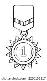 Medaillen und Diplomvektor. Preise, Trophäen, Sterne. Gewinner im handgezeichneten Stil. Illustration zum Sieg. Erste Stelle doodle Symbol. 