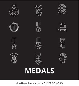 Medals editable line icons vector set on black background. Medals white outline illustrations, signs, symbols