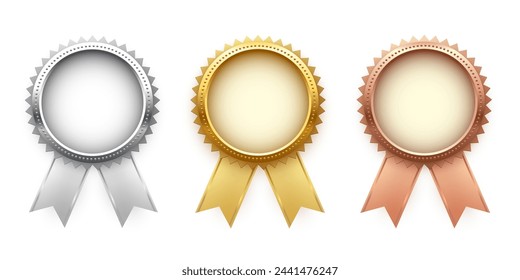 Medals for first, second, third place with ribbons. Gold, silver and bronze ranks on white background. Award nomination. Championship in sport or movie vector illustration.