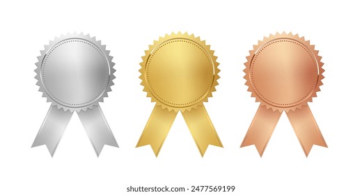 Medals for first, second, third place with ribbons. Gold, silver and bronze ranks on white background. Award nomination. Championship in sport or movie vector illustration.