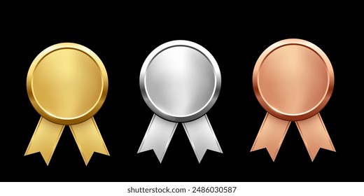 Medals for first, second, third place with ribbons. Gold, silver and bronze ranks on black background. Award nomination. Championship in sport or movie vector illustration