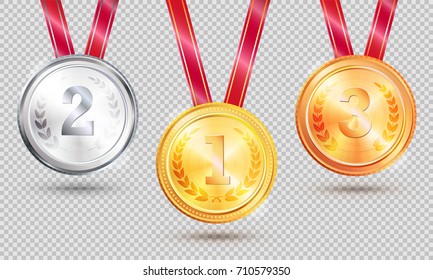 Medals for first, second and third place competition winner with red ribbon vector illustration isolated on transparent background.