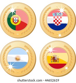 Medals with flags of Portugal, Croatia, Argentina and Spain