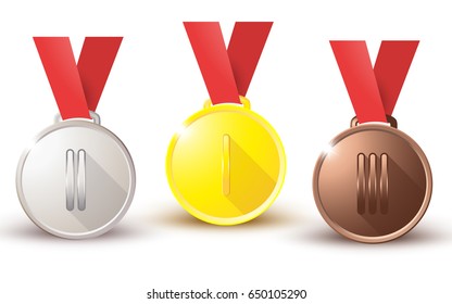 Medals gold silver bronze copper on a red ribbon isolated on white background, medal