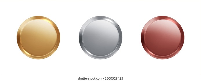 Medals gold, silver and bronze realistic set . Round realistic award seals isolated. Golden design element for labels.