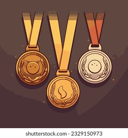 Medals. Golden silver bronze madal hand-drawn comic illustration. Vector doodle style cartoon illustration