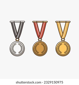 Medals. Golden silver bronze madal hand-drawn comic illustration. Vector doodle style cartoon illustration