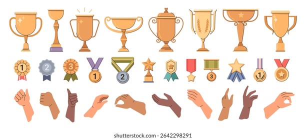 Medals and golden trophies and awards. Vector in flat style, isolated set of prizes and goblets for winners and champions. Hands of personages holding or taking object, motion or gesture