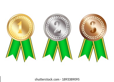 Medals with green ribbons. Gold, silver and bronze awards. Medals with embossed numbers. Stock image. EPS 10.