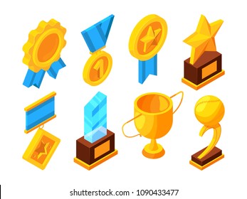 Medals of honor and different sport trophies. Isometric vector illustrations