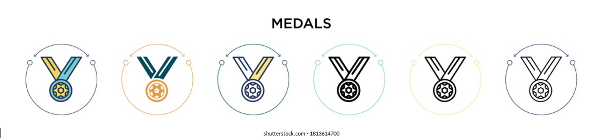 Medals icon in filled, thin line, outline and stroke style. Vector illustration of two colored and black medals vector icons designs can be used for mobile, ui, web