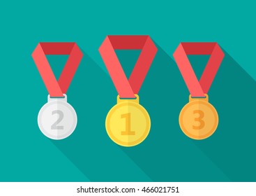 Medals icon with long shadow. Flat design style. Medal set simple silhouette. Modern, minimalist icon in stylish colors. Web site page and mobile app design vector element.