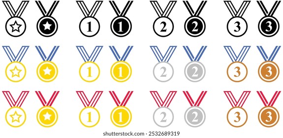 Conjunto de iconos de medallas. Oro Plata Bronce y medalla de estrella con cinta de colores. Iconos de línea de trazo y relleno de premios editables. Símbolo de logro. Logo del premio.
