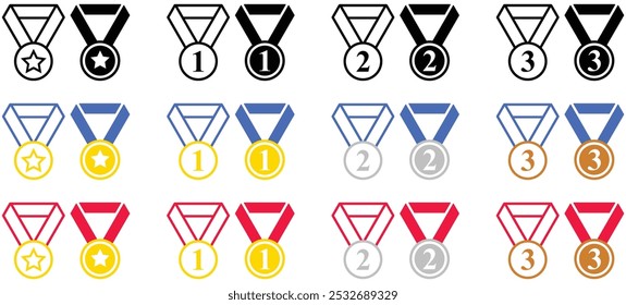 Conjunto de iconos de medallas. Oro Plata Bronce y medalla de estrella con cinta de colores. Iconos de línea de trazo y relleno de premios editables. Símbolo de logro. Logo del premio.
