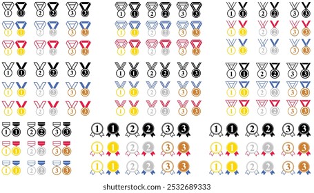Conjunto de iconos de medallas. Oro Plata Bronce y medalla de estrella con cinta de colores. Iconos de línea de trazo y relleno de premios editables. Símbolo de logro. Logo del premio.