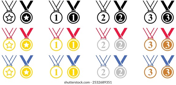 Medals icon set. Gold Silver Bronze and Star medal set with colorful Ribbon. Editable Awards Stroke Line and Fill Icons. Achievement symbol. Award logo.
