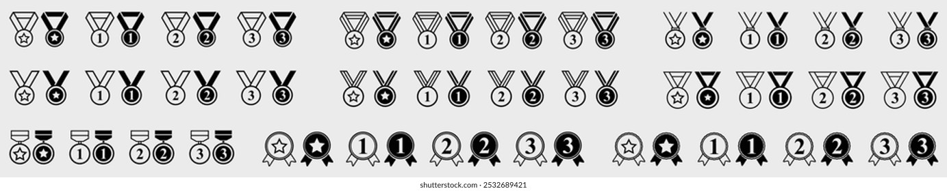 Conjunto de ícones de medalhas. Ouro Prata Bronze e Star medalha definida com fita. Ícones editáveis de linha de traçado e preenchimento de prêmios. Símbolo de conquista. Logotipo do prêmio.