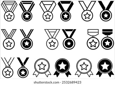Medals icon set. Gold Silver Bronze and Star medal set with Ribbon. Editable Awards Stroke Line and Fill Icons. Achievement symbol. Award logo.