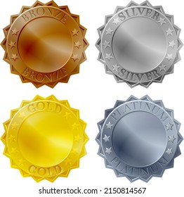 A medals icon set with platinum, gold, silver and bronze badges