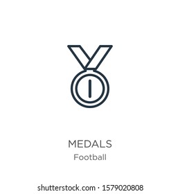 Medals icon. Thin linear medals outline icon isolated on white background from football collection. Line vector sign, symbol for web and mobile