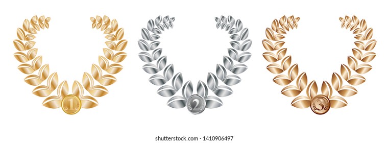 medals Laurel Wreath Gold Silver Bronze Numbers Set Three Colored sport – vector illustration