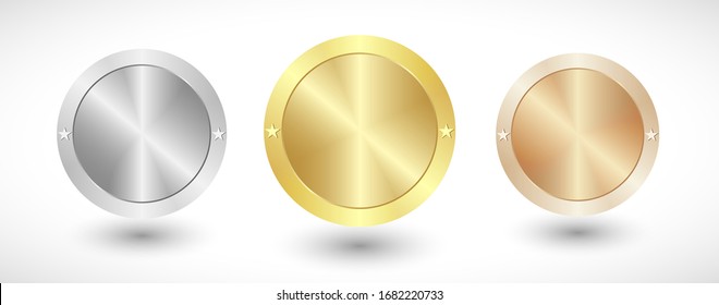 Medals logo collection. Isolated abstract graphic design template. Elegant round awards in gold, silver and bronze metallic colors. Luxury frames, decoration emblems. Set of shiny classic cup elements