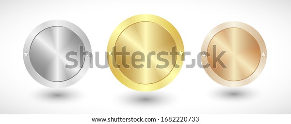 Medals logo collection. Isolated abstract\
graphic design template. Elegant round awards in gold, silver and\
bronze metallic colors. Luxury frames, decoration emblems. Set of\
shiny classic cup\
elements