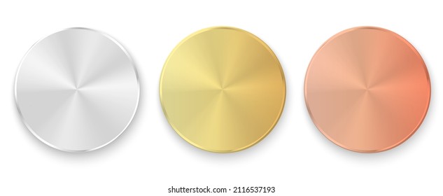 Medals logo collection. Set of shiny round awards in gold, silver and bronze metallic colors. Luxury frames, decoration emblems. Isolated abstract graphic design template