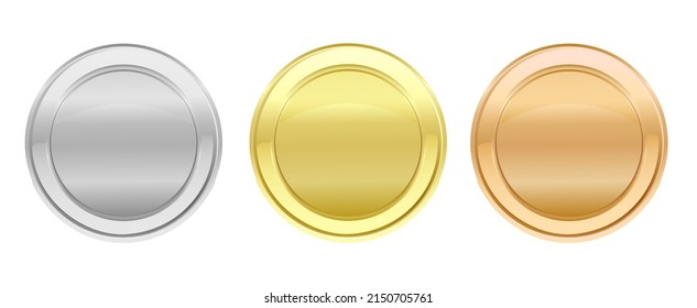 Medals logo collection. Set of shiny round awards or coins in gold, silver and bronze metallic colors. Luxury frames, decoration emblems. Isolated abstract graphic design template