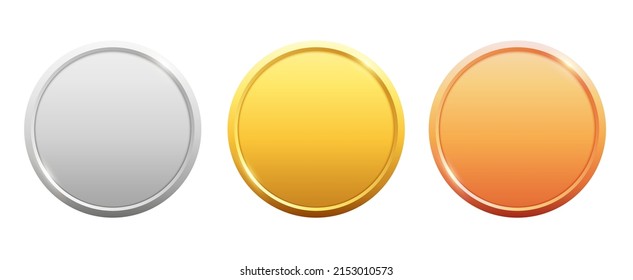 Medals logo collection. Set of shiny round awards in gold, silver and bronze metallic colors. Luxury frames, decoration emblems. Isolated abstract graphic design template