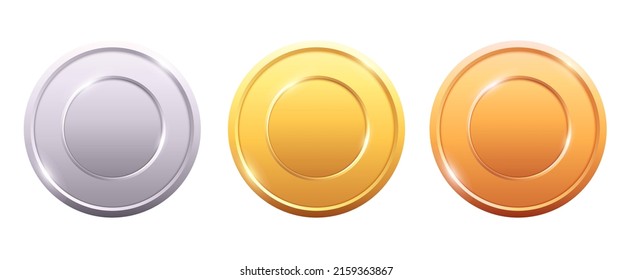 Medals logo collection. Set of shiny round awards in gold, silver and bronze metallic colors. Luxury frames, decoration emblems. Isolated abstract graphic design template