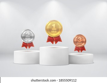 Medals on pedestal. First, second, third place on white cylinder podium under spotlights realistic mockup. Gold silver bronze round coins with red ribbon on stages, award ceremony vector 3d concept