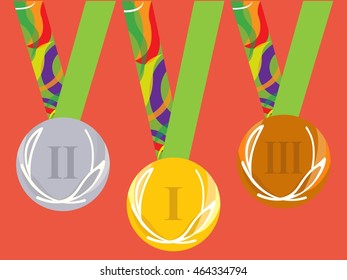 Medals on the red. isolated set. original. in the Rio. Brazil. on podium. for winners. victory. Red background. Vector illustration.